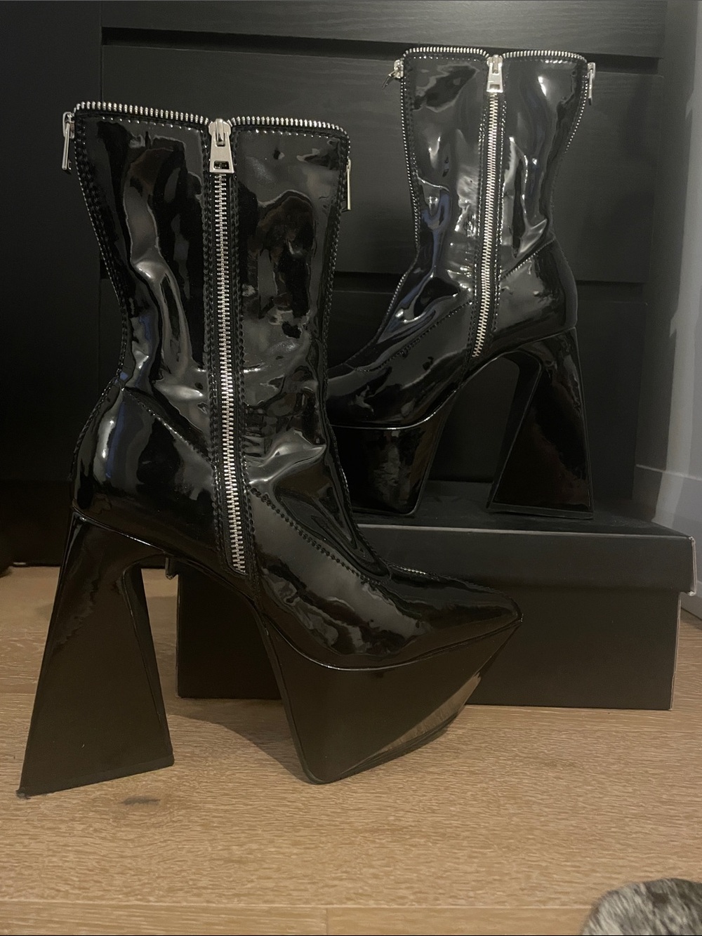 Dolls Kill Black PVC Platform Ankle Boots with zippers